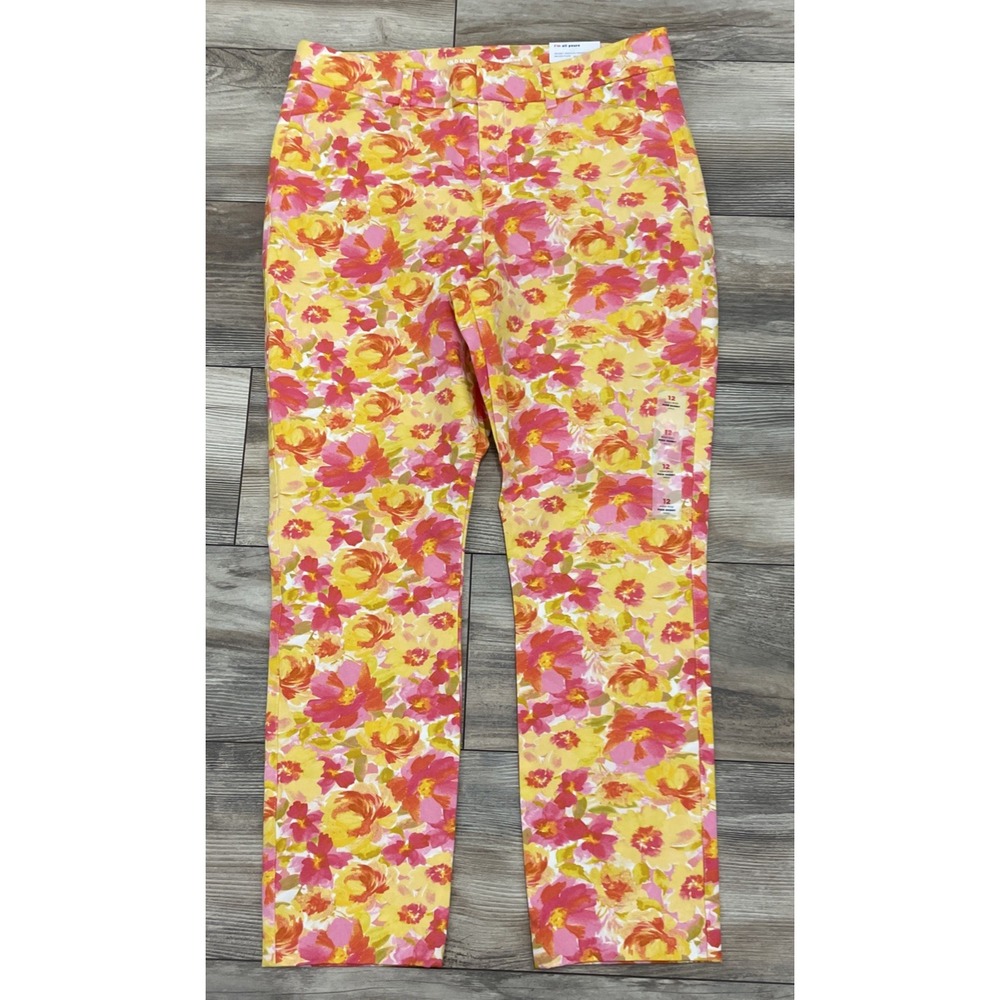 Old Navy High Rise Pixie Skinny Ankle Pants Size 12 Pink Orange Yellow Floral